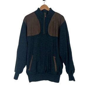 Orvis Mens Quarter Zip Sweater Medium Green Faux Suede Patches Outdoorsy Wool‎